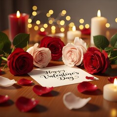 Romantic Valentines greeting card scene featuring roses candles fairy lights calligraphy message elegant love atmosphere cinematic lighting premium realism heartfelt celebration design moods