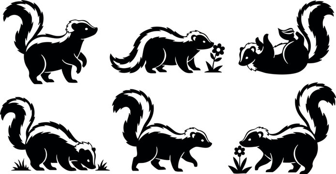 Skunk animal silhouette vector set in various playful poses and natural activities 