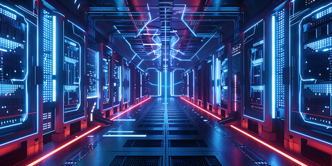Futuristic Data Center Corridor with Glowing Lights
