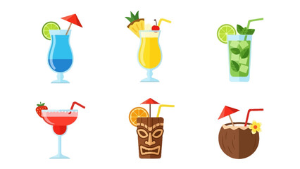 Colorful cocktail assortment refreshing drinks with various garnishes isolated