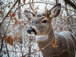 Deer in winter thicket with snow-covered branches and warm gaze

