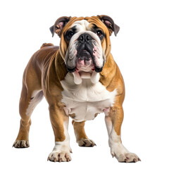 Fototapeta premium A striking portrait of an English Bulldog standing against a solid black background.