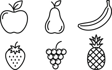 Line art vector set of 6 fruit icons apple pear banana grapes strawberry and pineapple