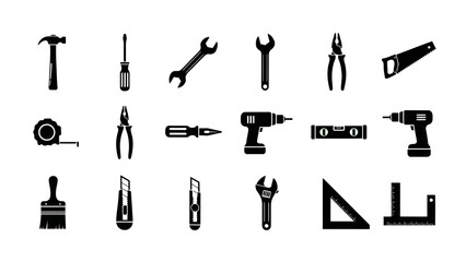 Fototapeta premium Set of black and white construction tools silhouettes for design elements