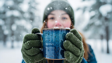 Young woman enjoying hot beverage outdoors in snowy winter landscape  
