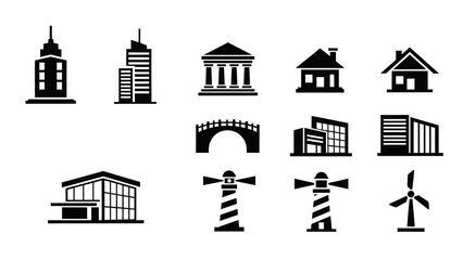 Black and white vector illustrations of various building structures