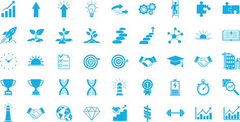 A collection of 36 blue icons on a white background representing various business and education concepts