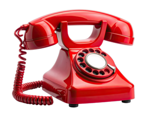 A vibrant, glossy red rotary telephone displayed against a stark black background.