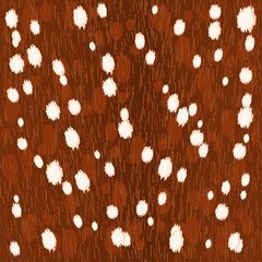 Abstract seamless pattern of fawn deer fur with white spots. Brown animal skin texture for background, wallpaper, and fabric design. Editable vector illustration.