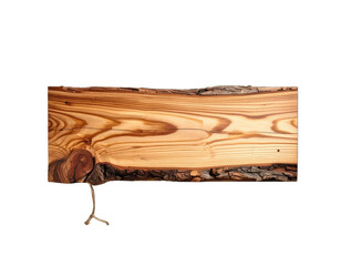 A polished, live-edge wooden plank with prominent grain structure and bark accents against a black background.