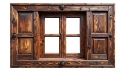 An ornate, dark-stained wooden window frame with closed shutters against a black background.