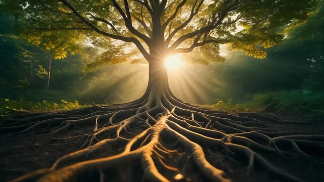 Majestic tree with a vast, exposed root system bathed in ethereal sunlight rays roots nature