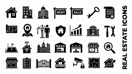 Real estate icons set for property, buildings, finance, and legal services