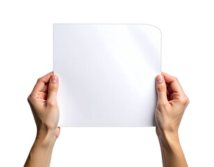 Two hands holding a blank white sheet of paper against a black background.