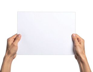 Two hands holding a blank white sheet of paper against a black background.