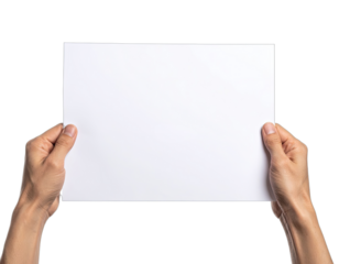 Two hands holding a blank white sheet of paper against a black background.