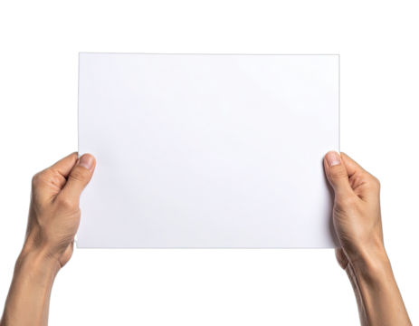 Two hands holding a blank white sheet of paper against a black background. - Powered by Adobe