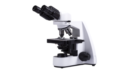 Professional white laboratory microscope icon isolated on transparent background for science research.

