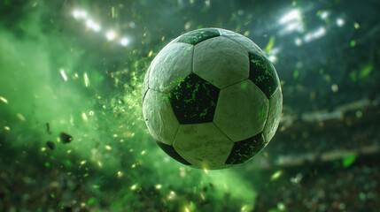 Fototapeta premium A striking image of a soccer ball suspended mid-air, surrounded by a burst of green particles, in a stadium full of light and blurry fans.