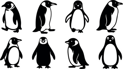 Obraz premium Penguin set cartoon vector illustration with black and white colors in silhouette style 