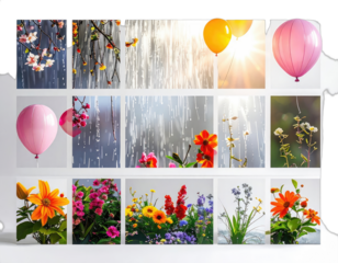 A collage of vibrant floral scenes, bright balloons, and shimmering rain effects.