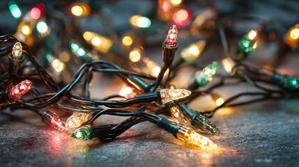 A festive array of multicolored string lights twinkling against a dark backdrop, perfect for holiday decor or adding a cozy glow to any setting.