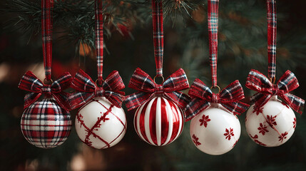Festive spheres, delicately patterned and adorned with plaid ribbons, suspended from a verdant tree, radiating holiday cheer.