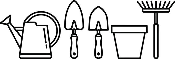 Outline illustration of 5 gardening tools watering can hand trowel shovel plant pot and rake