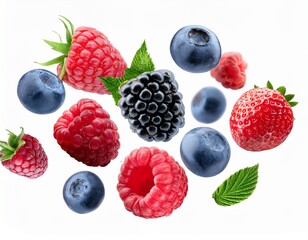 mix of fresh berries including raspberries blackberries and blueberries floating in air isolated transparent cutout