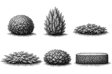Detailed vintage pencil drawings of various bush shapes for landscaping design