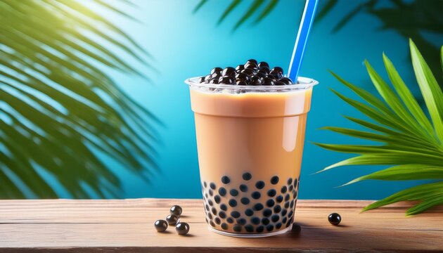 a refreshing glass of bubble tea with dark tapioca pearls and a blue straw sits on a rustic wooden surface against a vibrant tropical backdrop