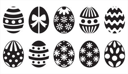 Set of patterned Easter eggs in black vector silhouettes isolated on white