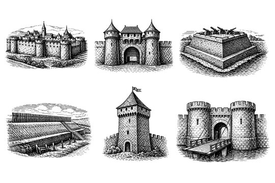 Medieval castle architecture collection with towers and moats in engraved style