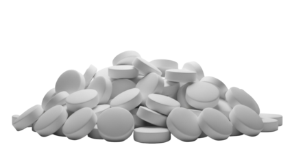 Pile of white round pills isolated PNG on transparent background, medication tablets for healthcare and pharmaceutical use