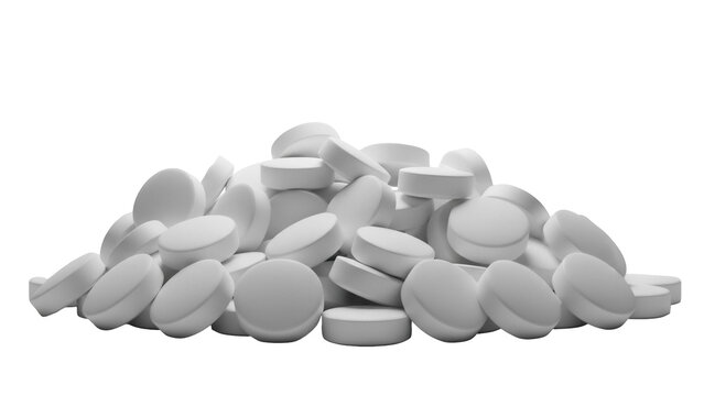 Pile of white round pills isolated PNG on transparent background, medication tablets for healthcare and pharmaceutical use