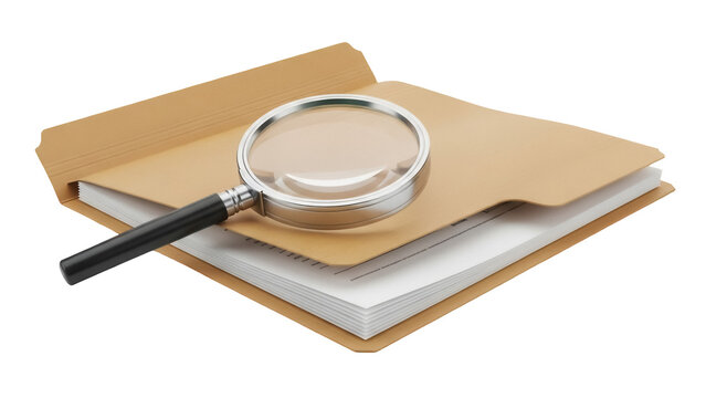 Magnifying glass on file folder with documents isolated PNG, business investigation and research concept on transparent background