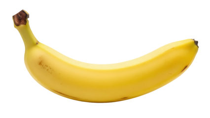 Ripe yellow banana PNG isolated on transparent background, tropical fruit with brown stem for healthy eating and dessert preparation