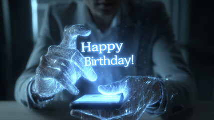 Futuristic birthday greeting: holographic &ldquo;Happy Birthday!&rdquo; above a phone, wireframe hands gesture control, blue neon atmosphere, blending AI-mediated emotions, remote celebration
