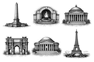 Classic architectural monuments: detailed black and white sketch collection