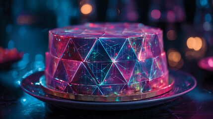 Futuristic cake with holographic glaze and geometric facets, glowing in neon pink, blue, and purple on a gold-rim plate, evoking metaverse luxury