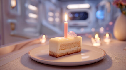 Minimal dessert scene: layered cake with candle flame, seashell detail, ambient neon light of spacecraft interior&mdash;sci-fi microcelebration