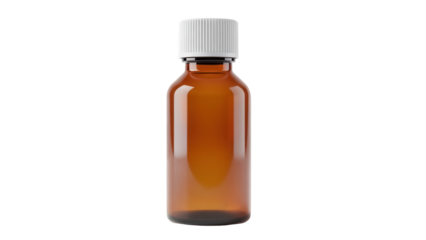 Amber glass bottle with white cap isolated PNG, essential oil container for aromatherapy and pharmaceutical products on transparent background