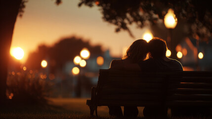 Serene night scene with two people sitting close on a bench, surrounded by trees and warm bokeh lights. A universal image of love, friendship, and emotional safety