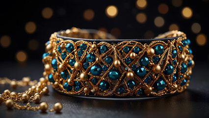 Wide gold wire necklace woven with teal and golden pearls placed on black surface. Jewelry fashion concept