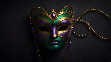 Ornate golden masquerade mask with purple feathers and green jewel details. Carnival concept