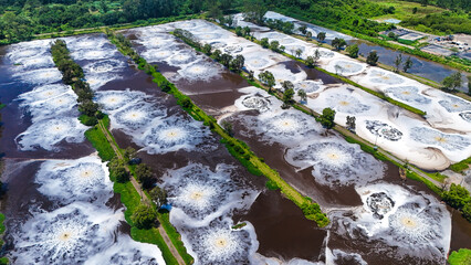 Imagem aérea de estação de tratamento de água e esgoto em ambiente industrial, evidenciando estruturas de saneamento, processos de filtragem e a relação entre produção industrial e preservação ambient