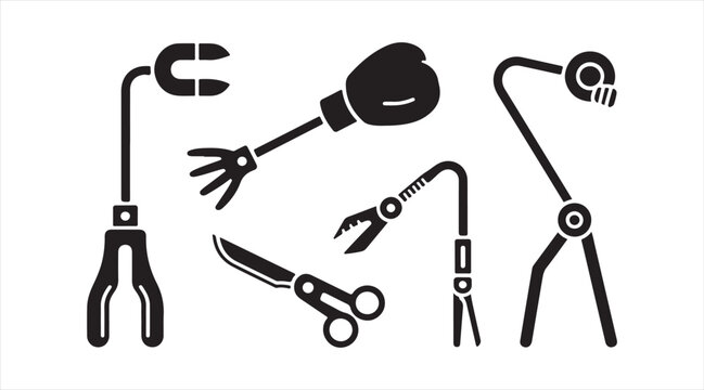 Vector robotic arm icon pack &mdash; mechanical manipulators with various tool attachments in black silhouettes