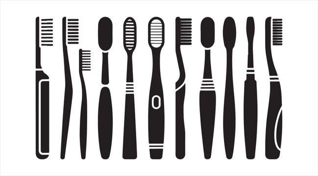 Manual toothbrush silhouette set &mdash; dental hygiene tools with ergonomic handles and assorted bristle heads