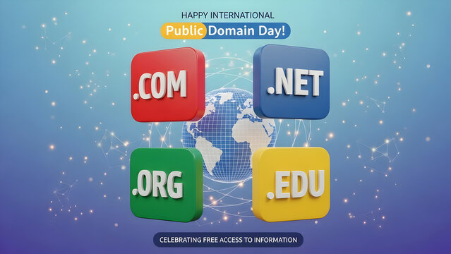 Celebrating international public domain day with common internet top-level domains isolated on transparent background, Vector, illustration