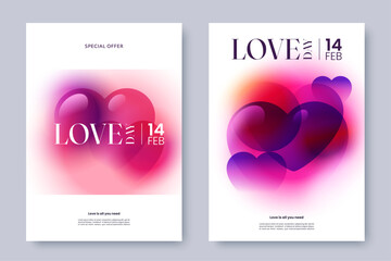 Romantic Valentines Day posters with abstract glossy hearts, soft gradients, and place for text. Love poster design. Ideal for sale promotions, greeting cards, social media.